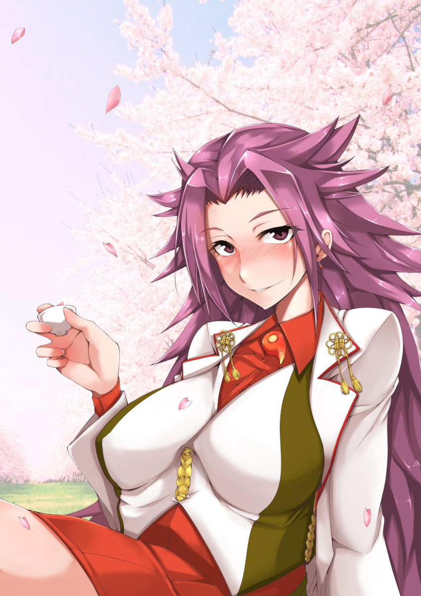 1girl blush breasts cherry_blossoms choko_(cup) closed_mouth cup day drunk earrings gggg hanami highres jewelry jun'you_(kantai_collection) kantai_collection large_breasts long_hair long_sleeves looking_at_viewer magatama military military_uniform nose_blush outdoors parted_lips petals purple_hair red_skirt remodel_(kantai_collection) skirt smile solo spiky_hair uniform very_long_hair violet_eyes