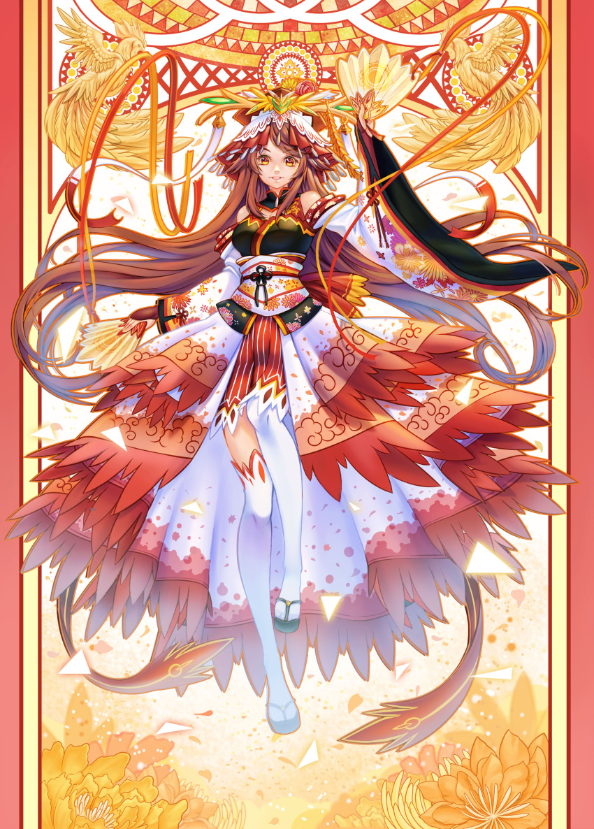 1girl absurdres bird brown_eyes brown_hair chicken detached_sleeves fan floral_print flower full_body headpiece highres japanese_clothes long_hair looking_at_viewer mr._j.w new_year original paper_fan parted_lips princess rooster thigh-highs white_legwear wide_sleeves
