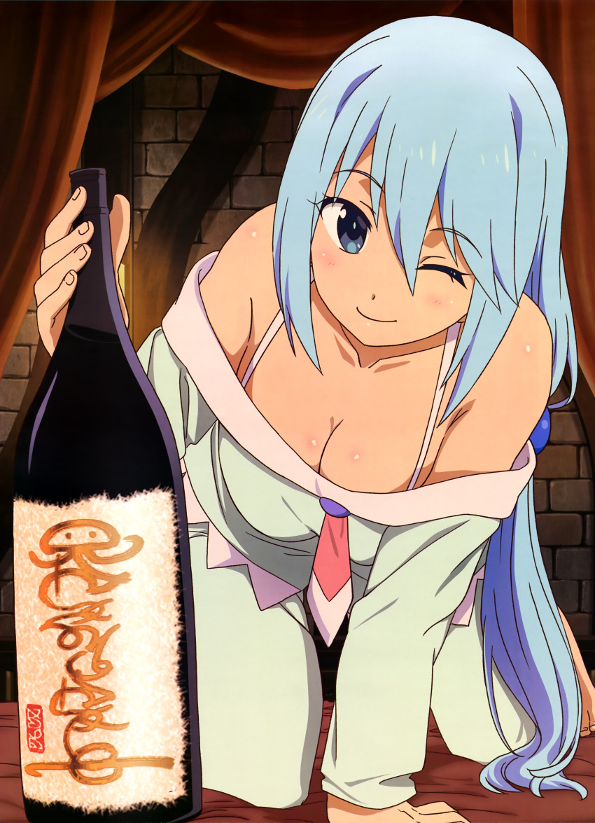 1girl absurdres all_fours aqua_(konosuba) bed bed_sheet bedroom blue_eyes blue_hair blush bottle bra_strap breasts cleavage hanging_breasts highres indoors kono_subarashii_sekai_ni_shukufuku_wo! long_hair looking_at_viewer magazine_scan medium_breasts official_art on_bed one_eye_closed pajamas scan smile wine_bottle