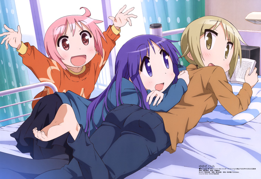 3girls absurdres ass barefoot blonde_hair denim highres hinata_yukari ichii_yui jeans lying multiple_girls nonohara_yuzuko pants pink_hair purple_hair sweater yuyushiki