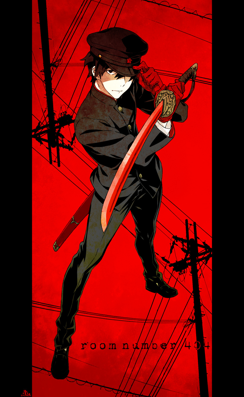 1boy absurdres artist_name black_hair gakuran gloves hat hat_tip highres kamezaemon katana male_focus original power_lines red_gloves school_uniform sheath solo sword telephone_pole weapon