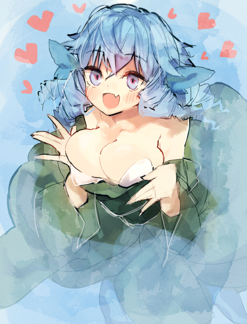 1girl :d bangs bei_mochi blue_eyes blue_hair blush breasts cleavage heart heart-shaped_pupils highres japanese_clothes kimono large_breasts long_sleeves mermaid monster_girl off_shoulder open_mouth partially_submerged ringlets smile solo symbol-shaped_pupils touhou wakasagihime wide_sleeves