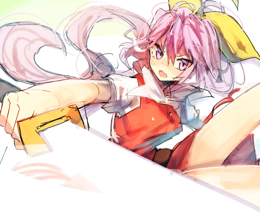 &gt;:o 1girl :o bei_mochi bow dress foreshortening hair_between_eyes hair_bow highres holding holding_sword holding_weapon long_hair open_mouth pink_eyes pink_hair red_dress short_sleeves solo sword touhou upper_body watatsuki_no_yorihime weapon yellow_bow