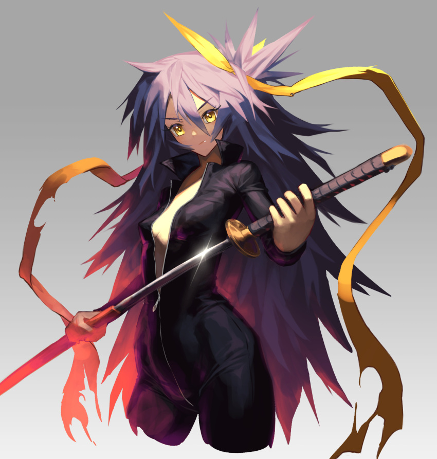 1girl black_clothes cozy highres katana long_hair original purple_hair sword weapon yellow_eyes