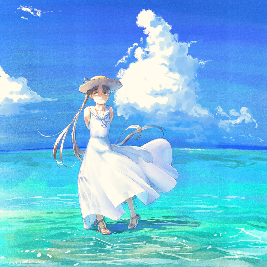 1girl alternate_costume arms_behind_back ayanami_(kantai_collection) bangs blush brown_hair clouds dress eyebrows_visible_through_hair grin hat high_heels highres kantai_collection long_hair nogiguchi_kohiro ocean outdoors ponytail sailor_collar sandals side_ponytail sky smile solo standing standing_on_liquid straw_hat sundress very_long_hair water white_dress