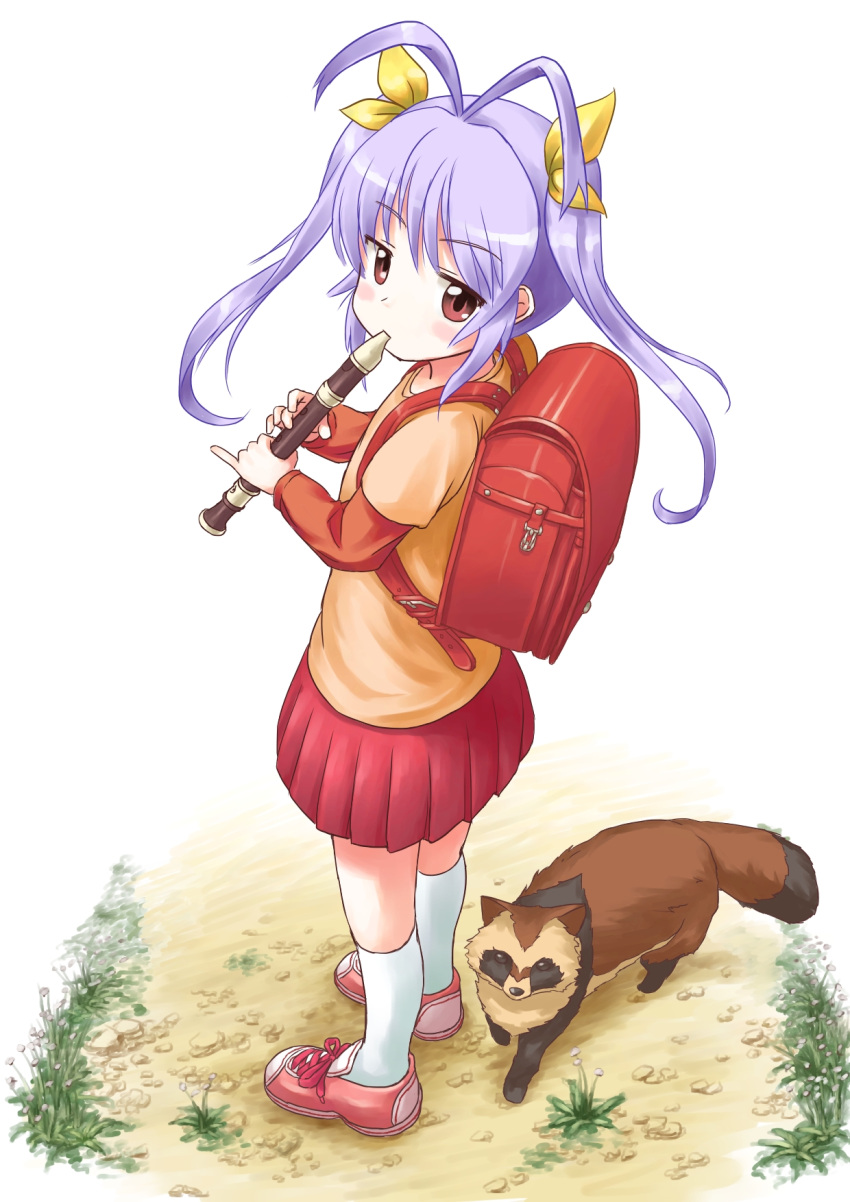 1girl ahoge animal antenna_hair backpack bag blush_stickers expressionless eyebrows from_above full_body grass ground gu_(non_non_biyori) hair_ornament hair_ribbon highres instrument jitome lavender_hair long_hair looking_at_viewer miyauchi_renge music non_non_biyori playing_instrument pleated_skirt randoseru recorder red_eyes ribbon shirt shoelaces shoes short_over_long_sleeves skirt sneakers socks standing tanuki tsukikusa_(hirukawa_sh) twintails white_background