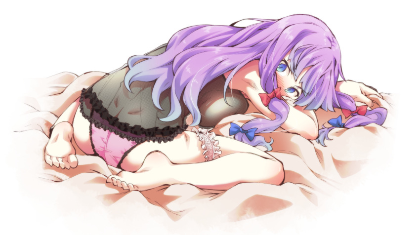 1girl ass bare_legs barefoot blue_bow blue_eyes blush bow breasts hair_bow large_breasts lingerie long_hair looking_at_viewer lying negligee panties patchouli_knowledge pink_panties purple_hair red_bow simple_background solo touhou underwear white_background yamada_yukihito