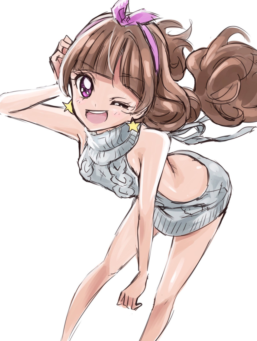 1girl ;d amanogawa_kirara ass brown_hair butt_crack dress earrings eyelashes go!_princess_precure hair_ornament hairband happy highres jewelry killer_sweater long_hair looking_at_viewer one_eye_closed open_mouth precure sharumon simple_background sketch smile solo star star_earrings sweater sweater_around_neck sweater_dress twintails violet_eyes virgin_killer_sweater white_background