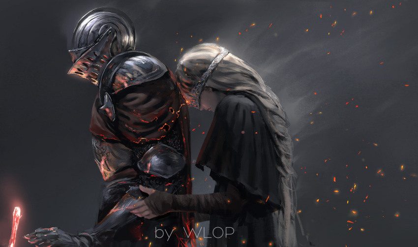 1boy 1girl arm_wrap armor artist_name ashen_one_(dark_souls_3) ashtray black blonde_hair braid burning cape capelet commentary covered_eyes dark dark_souls_iii fire_keeper from_side full_armor gauntlets glowing grey_background hand_on_another's_arm helmet leaning_on_person long_hair mask parted_lips profile single_braid smoke souls_(from_software) sword upper_body very_long_hair weapon wlop