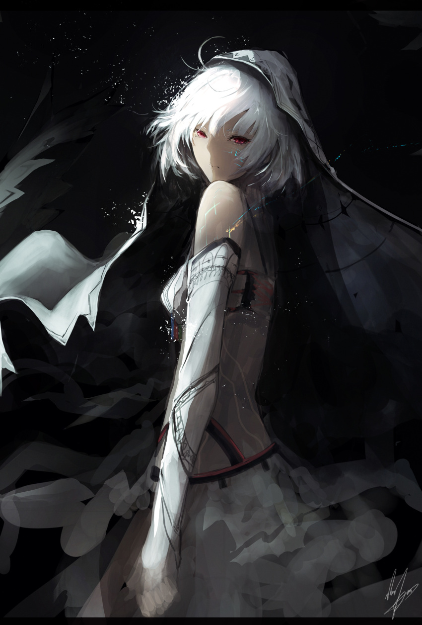 1girl absurdres altera_(fate) attila_(fate/grand_order) bare_shoulders black_background closed_mouth commentary_request dark dark_skin detached_sleeves expressionless fate/extella fate/extra fate_(series) from_side highres looking_at_viewer looking_to_the_side marumoru red_eyes short_hair signature solo veil white_hair