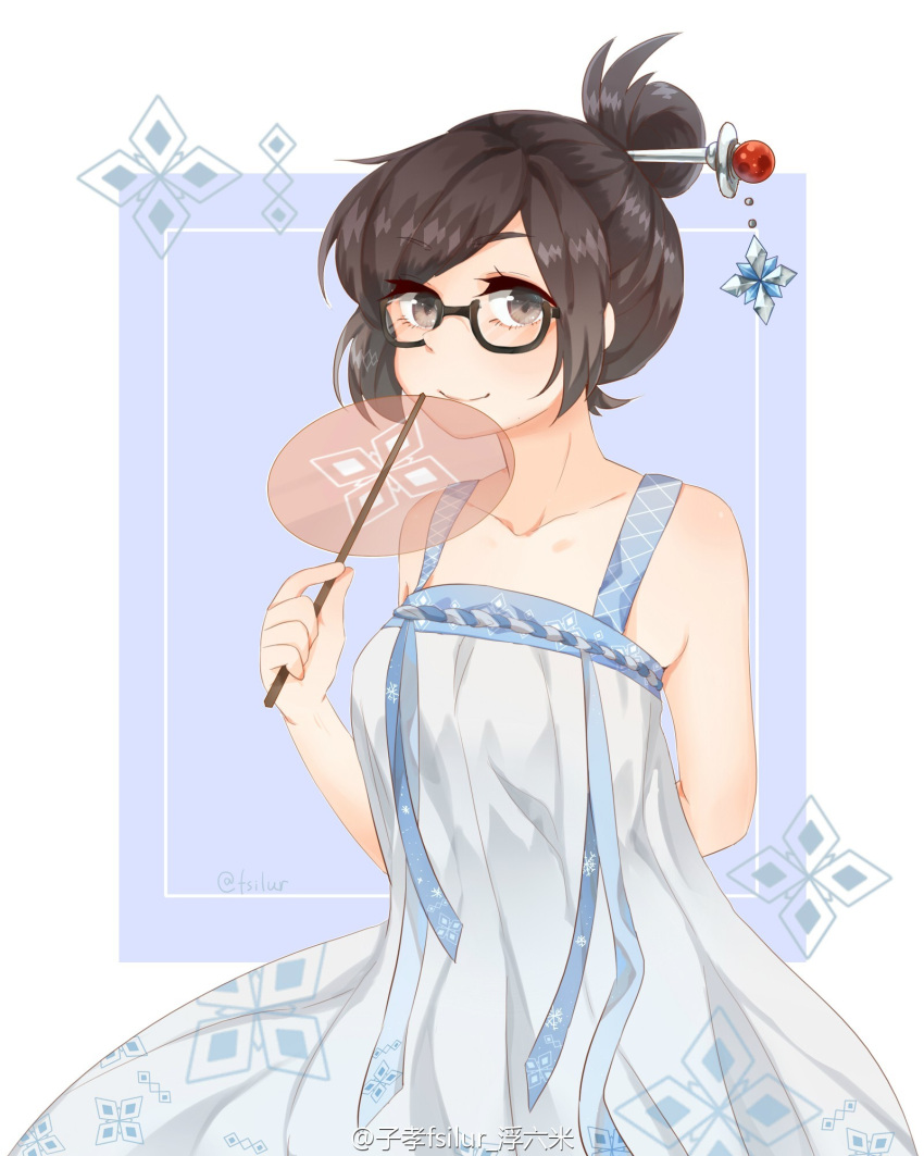 1girl arm_behind_back bangs bare_shoulders beads black-framed_eyewear blue_dress brown_eyes brown_hair closed_mouth collarbone dress eyebrows_visible_through_hair fan glasses hair_bun hair_ornament hair_stick hand_up highres holding holding_fan looking_at_viewer mei_(overwatch) overwatch paper_fan semi-rimless_glasses short_hair sidelocks sleeveless sleeveless_dress smile snowflake_hair_ornament snowflake_print solo twitter_username upper_body