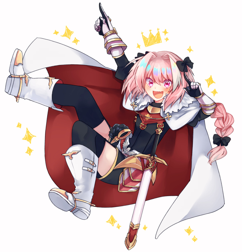 1boy :d black_legwear boots bow braid cape crown fang fate/apocrypha fate/grand_order fate_(series) fur_trim gauntlets hair_bow highres male_focus open_mouth pink_eyes pink_hair pointing ponita rider_of_black single_braid skirt smile sparkle sword thigh-highs trap weapon