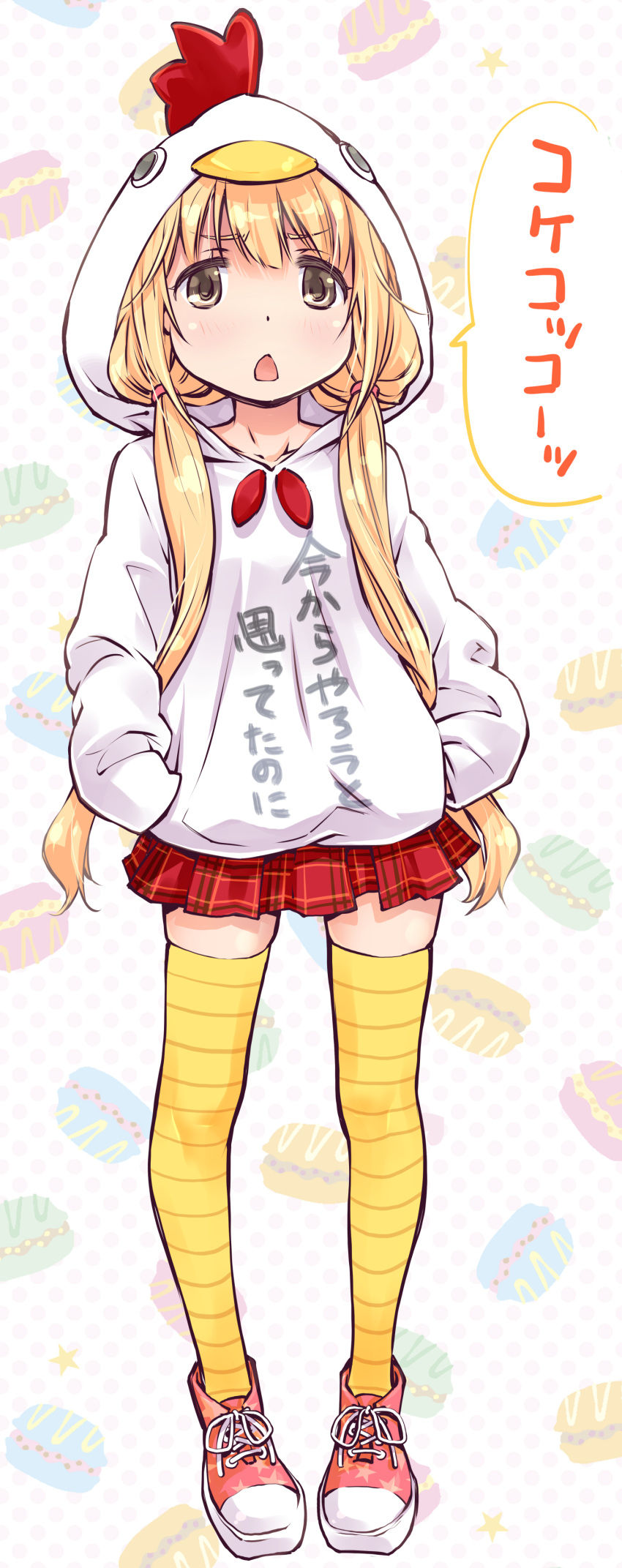 1girl absurdres animal_costume clothes_writing futaba_anzu hands_in_pockets highres hood hoodie idolmaster idolmaster_cinderella_girls looking_at_viewer low_twintails open_mouth rooster_costume skirt solo striped striped_legwear suzuki24 thigh-highs translation_request twintails yellow_eyes yellow_legwear