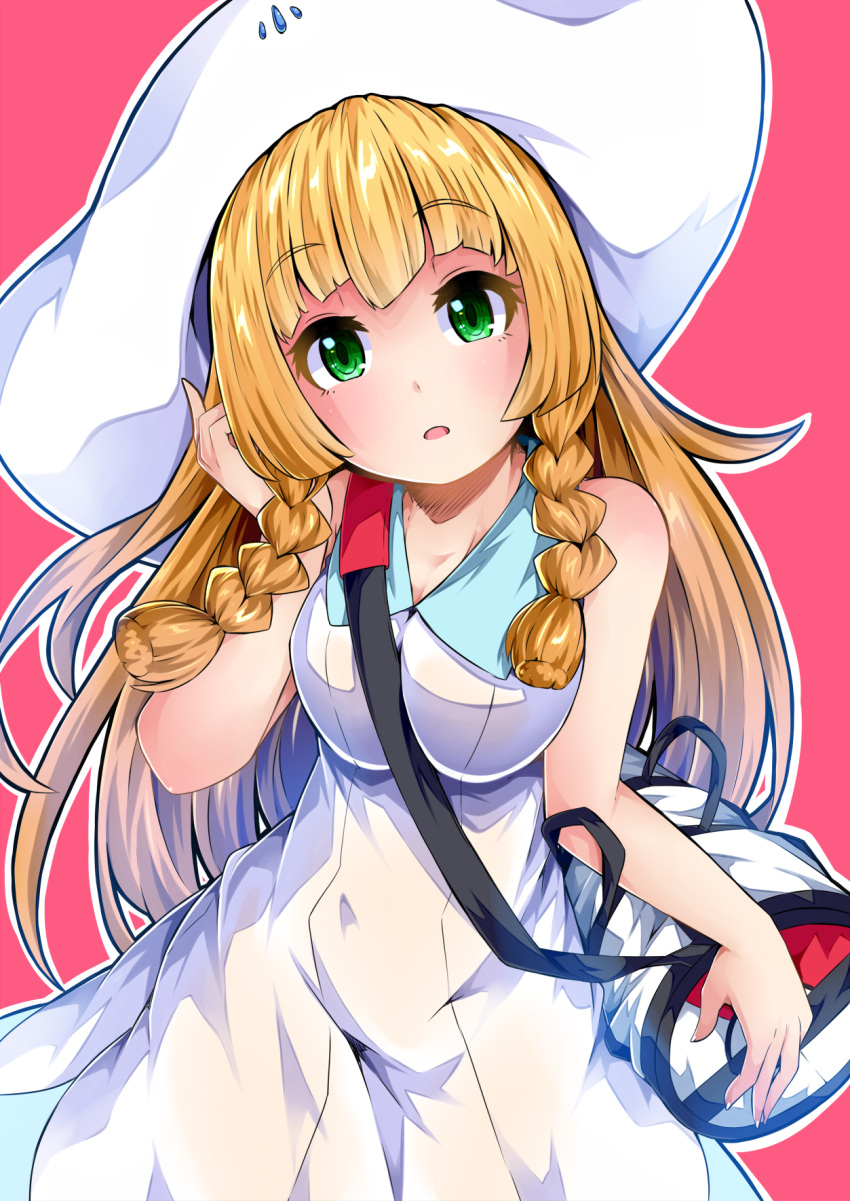 1girl bag bangs bare_shoulders blonde_hair blunt_bangs blush braid breasts collared_dress commentary_request cowboy_shot dress duffel_bag eyebrows_visible_through_hair green_eyes hat highres ishimu leaning_forward lillie_(pokemon) long_hair looking_at_viewer medium_breasts outline parted_lips pokemon pokemon_(game) pokemon_sm see-through_silhouette sleeveless sleeveless_dress solo sun_hat sundress twin_braids wet wet_clothes white_dress white_hat