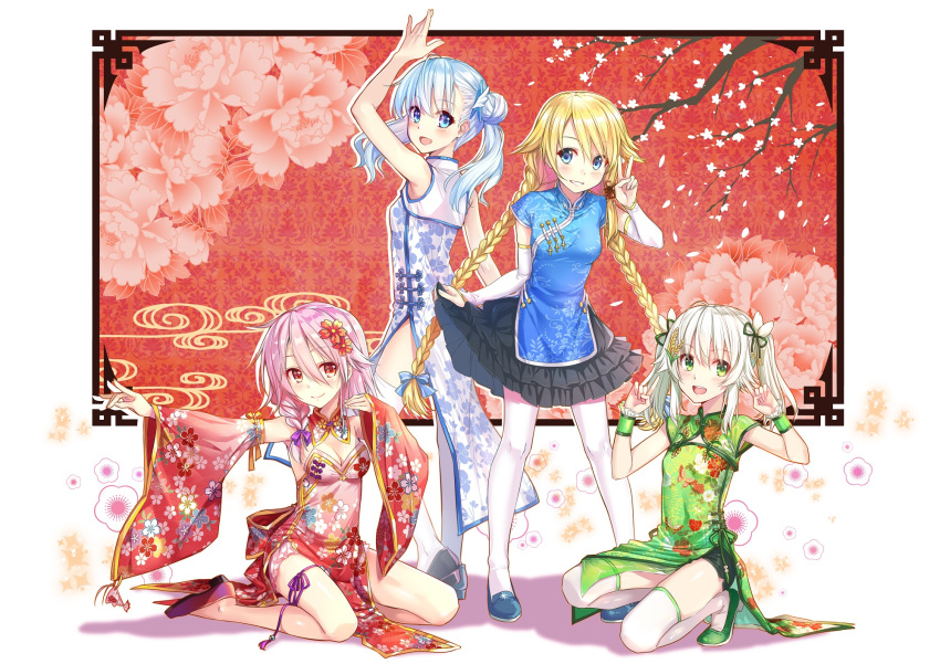 4girls :d arm_up black_skirt blone_hair blue_bow blue_eyes blue_hair blue_shoes bow braid breasts china_dress chinese_clothes cleavage detached_sleeves dress flower full_body green_eyes green_ribbon green_shoes green_shorts grin hair_bow hair_flower hair_ornament hair_ribbon highres hika_(cross-angel) kuuki_shoujo long_hair looking_at_viewer low-tied_long_hair magi_in_wanchin_basilica medium_breasts multiple_girls one_knee open_mouth outstretched_arm pink_hair purple_ribbon purple_shoes red_flower ribbon rice_simon sergestid_shrimp shoes shorts shorts_under_dress silver_hair skirt skirt_hold sleeveless sleeveless_dress smile standing striped striped_bow the_personification_of_atmosphere thigh_ribbon twin_braids twintails v very_long_hair white_legwear wrist_cuffs xiao_ma xuan_ying
