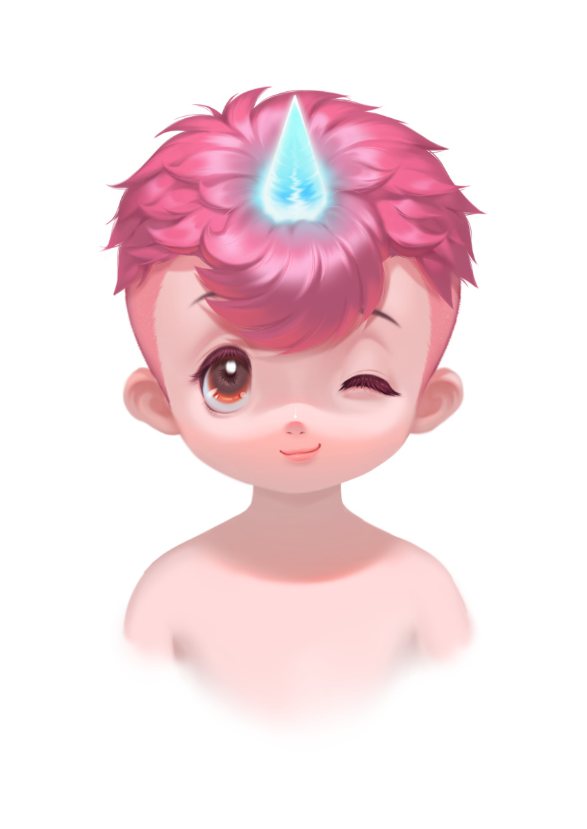 1boy ;) absurdres eyelashes glowing_horns highres horn looking_at_viewer one_eye_closed personification pink_hair qian_(ovira) red_eyes shiny shiny_skin simple_background smile solo undercut unico unico_(character) white_background