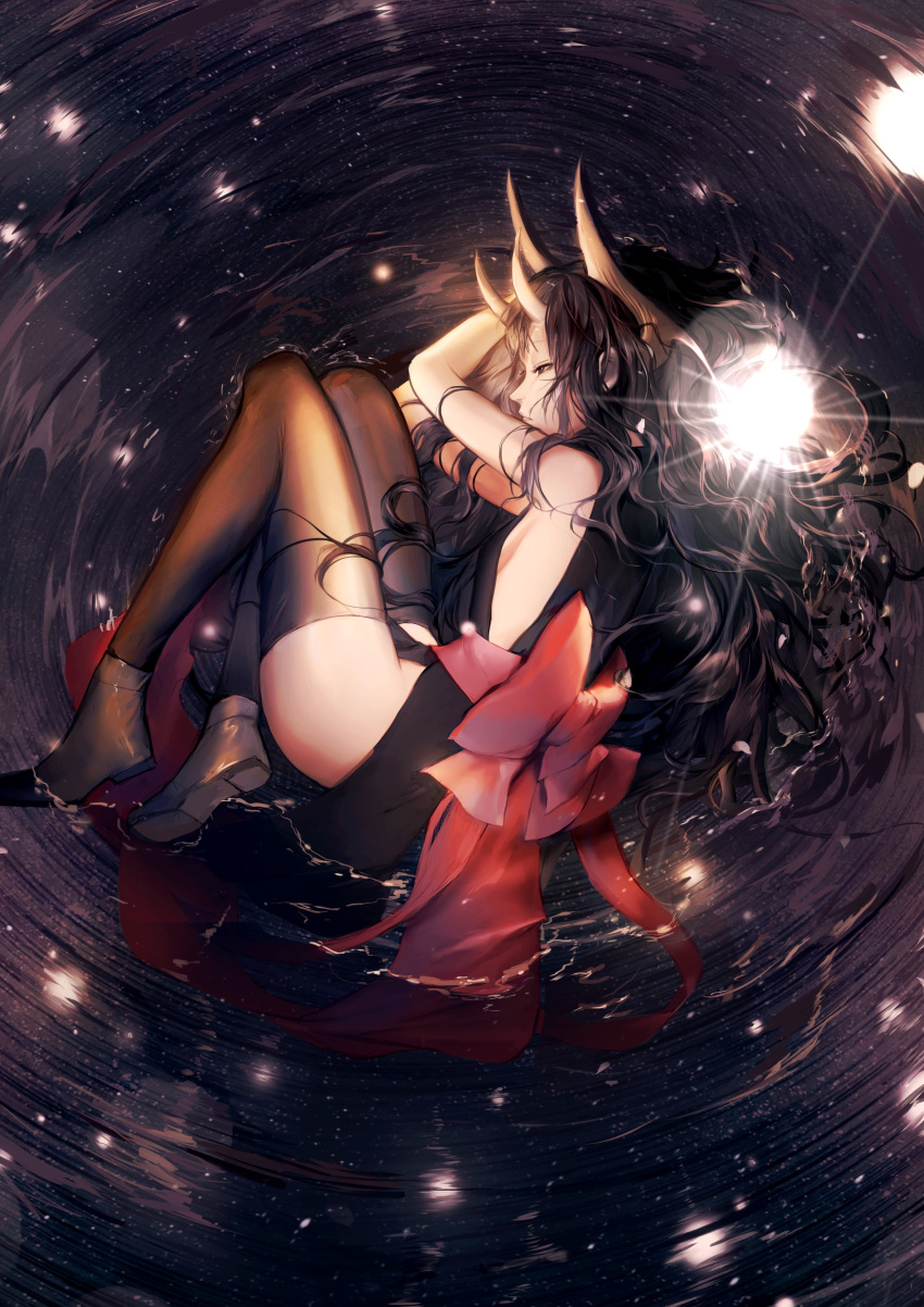 1girl absurdres afloat bare_shoulders big_hair black_dress black_eyes black_hair black_legwear black_shoes bow breasts closed_mouth dress eyelashes fetal_position flat_chest from_above highres horns light_particles long_hair lying night night_sky on_side pelvic_curtain pixiv_fantasia pixiv_fantasia_t profile red_bow reflection ripples sa'yuki sad sash shoe_soles shoes sideboob sky sleeveless solo star_(sky) starry_sky thigh-highs very_long_hair water water_surface wavy_hair