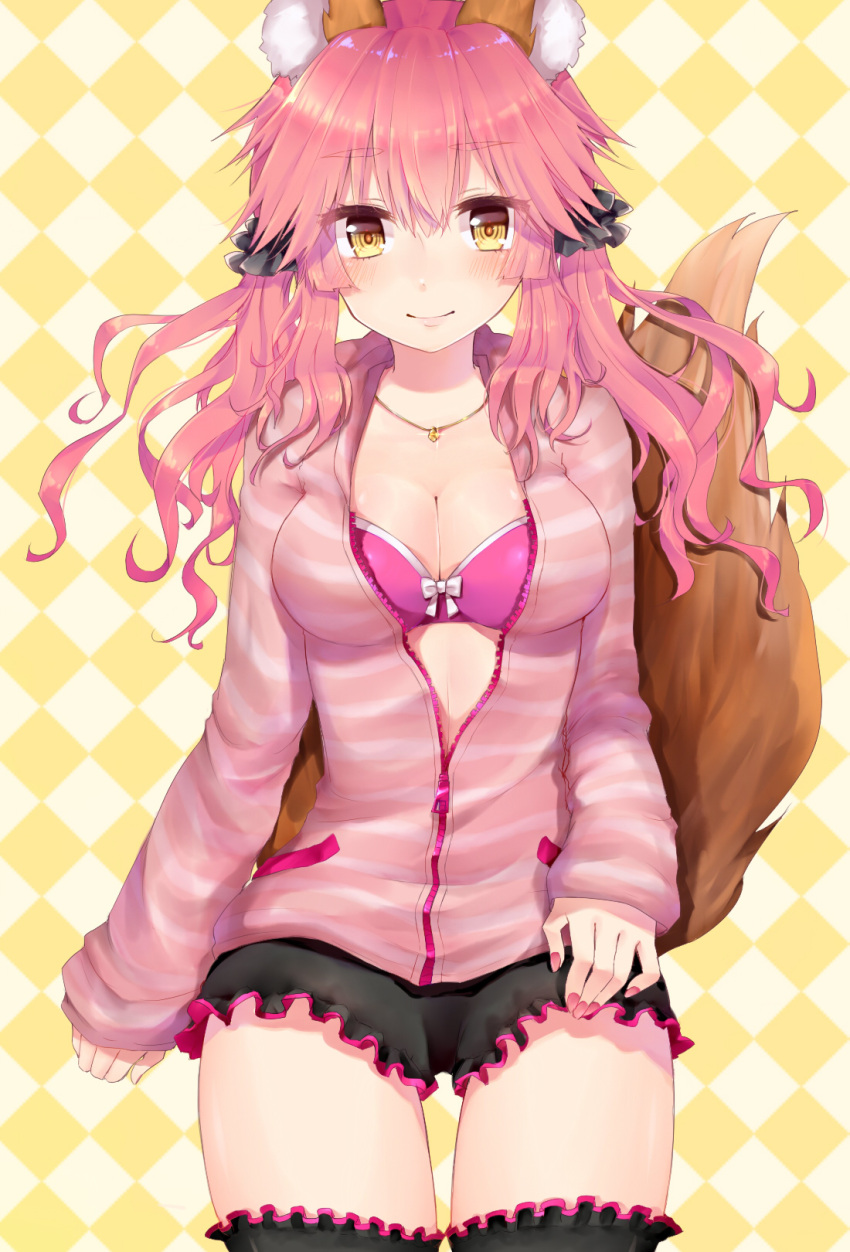 1girl animal_ears black_legwear black_shorts bow bow_bra bra breasts cleavage commentary_request fate/extra fate_(series) fox_ears fox_tail hair_bow hair_ribbon highres hood hoodie jewelry looking_at_viewer maria_(maria0304) nail_polish necklace pink_bra pink_hair pink_nails ribbon shorts solo tail tamamo_(fate)_(all) tamamo_no_mae_(fate) thigh_gap thighs two-tone_background underwear unzipped yellow_eyes
