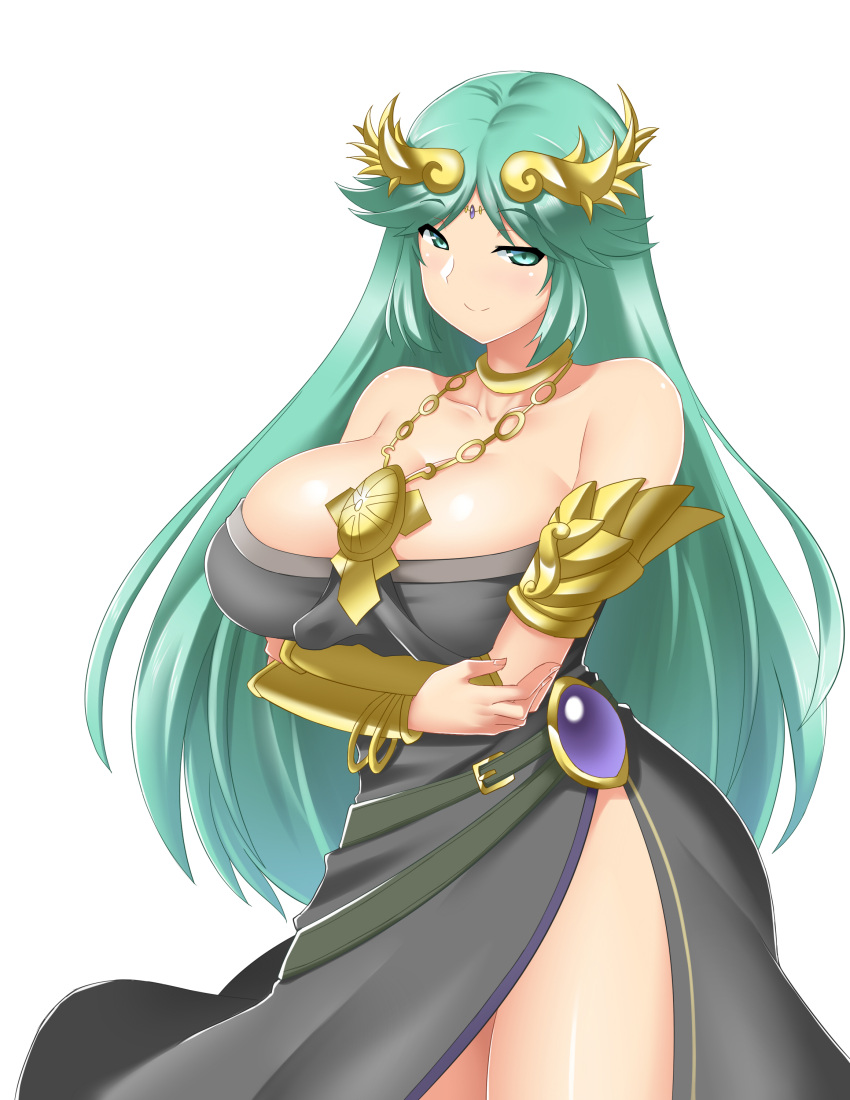 1girl absurdres armlet bangs bare_shoulders black_dress blush bracelet breast_hold breasts cleavage closed_mouth collarbone cowboy_shot crossed_arms dress forehead_jewel green_eyes green_hair highres jewelry kid_icarus kid_icarus_uprising large_breasts long_hair looking_at_viewer mokkori9 necklace palutena parted_bangs side_slit smile solo standing tiara very_long_hair