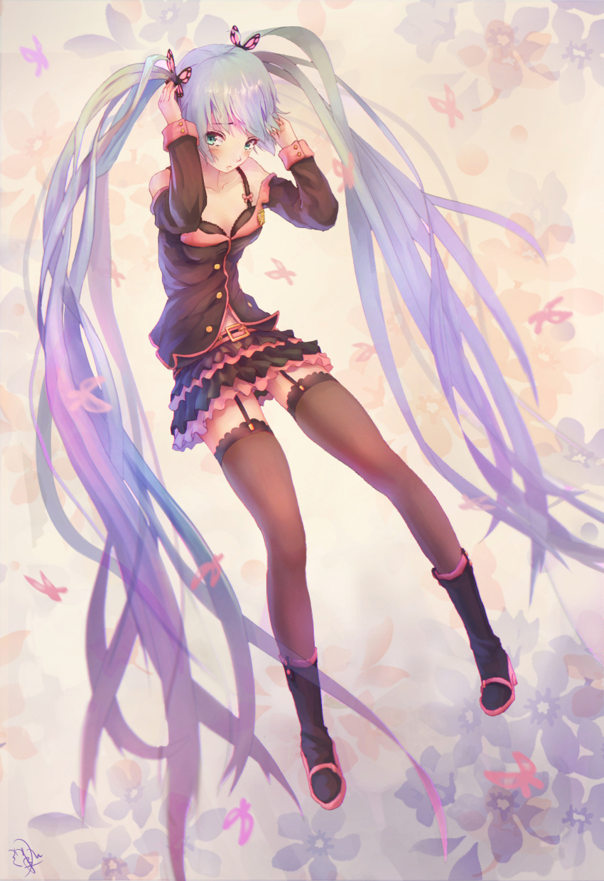 1girl badge belt boots butterflies dress frills green_eyes hatsune_miku highres lilac_hair miniskirt navel solo stockings sweet_devil_(vocaloid) tagme very_long_hair