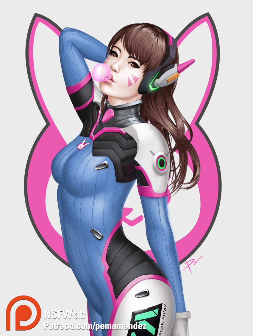 1girl animal_print arm_behind_head artist_name asian bodysuit breasts brown_eyes brown_hair bubble_blowing bunny_print chewing_gum clothes_writing cowboy_shot d.va_(overwatch) emanuel_mendez emblem facepaint facial_mark from_side headphones high_collar highres long_hair looking_at_viewer looking_to_the_side medium_breasts overwatch parted_lips patreon patreon_username pilot_suit ribbed_bodysuit shoulder_pads signature simple_background skin_tight solo watermark web_address whisker_markings white_background