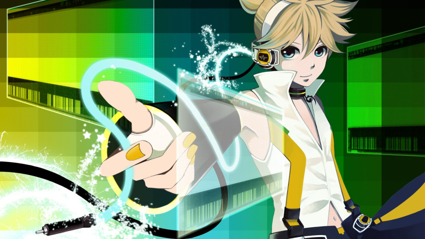 1boy append arm_out blonde_hair blue_eyes chocker detached_sleeves headphones kagamine_len nail_polish navel painted_nails short_hair smile solo tagme vocaloid wallpaper wire