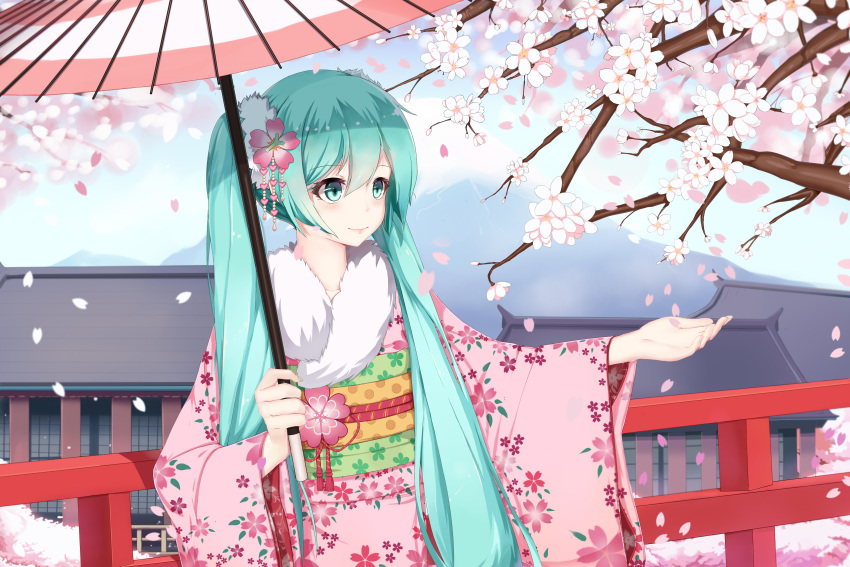 1girl 6000x4000 arm_out blue_eyes blue_hair cherry_blossoms flower hatsune_miku japanese_clothing kimono long_hair parasol smile solo tagme vocaloid