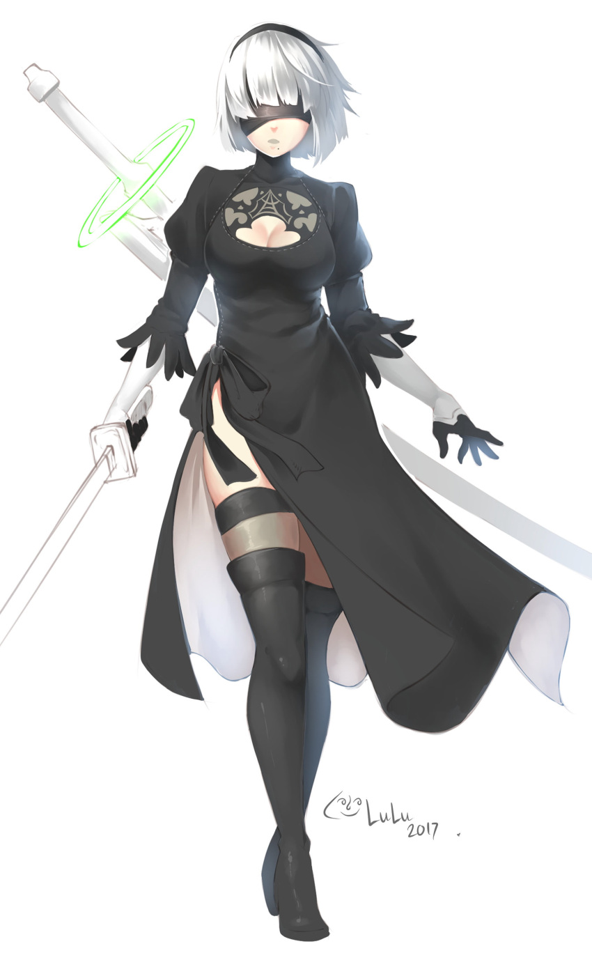 1girl 2017 absurdres black_dress black_legwear blindfold bow breasts cleavage cleavage_cutout dress headdress high_heels highres lenny_face lulu-chan92 nier_(series) nier_automata puffy_sleeves signature sword sword_behind_back thigh-highs weapon white_background yorha_no._2_type_b