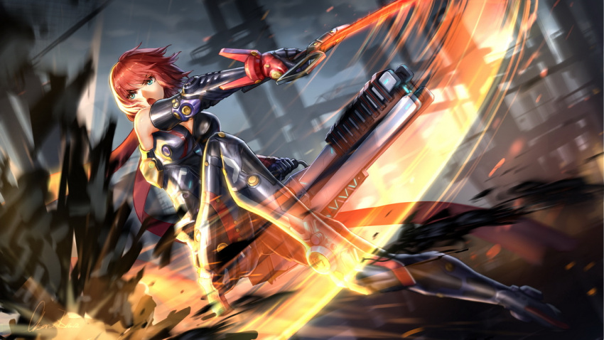 &gt;:o 1girl :o action artist_name bangs bare_shoulders black_gloves blue_eyes blurry boots breasts building depth_of_field dual_wielding elbow_gloves evil_genome eyebrows_visible_through_hair fighting full_body game_cg gloves glowing holding holding_weapon knee_up looking_to_the_side medium_breasts motion_blur observerz official_art power_armor redhead science_fiction side_glance signature sleeveless solo weapon
