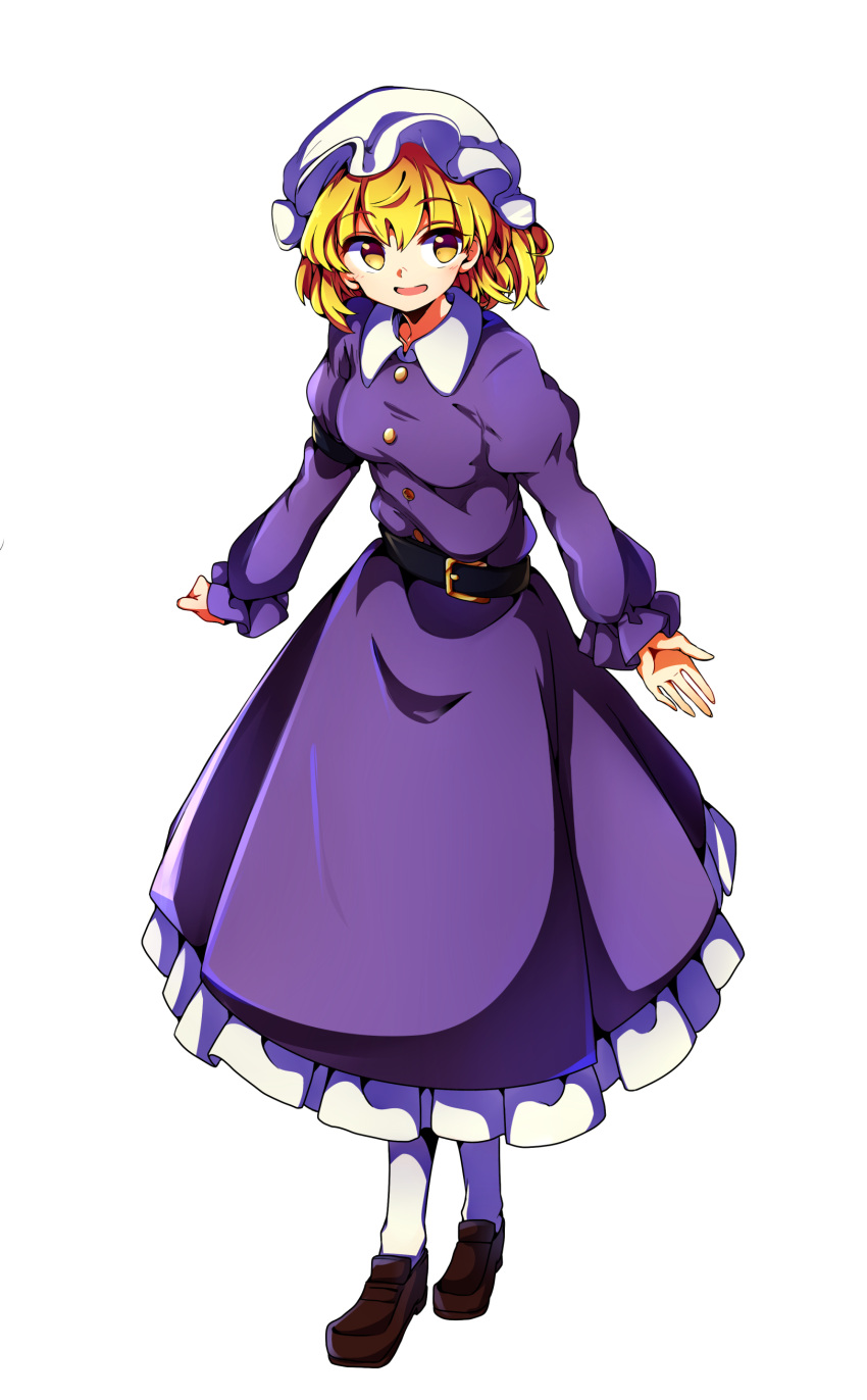 1girl absurdres arms_at_sides baba_(baba_seimaijo) bangs belt blonde_hair blush breasts brown_shoes dress full_body hat highres juliet_sleeves loafers long_sleeves maribel_hearn medium_breasts mob_cap parted_lips puffy_sleeves purple_dress shoes short_hair smile solo standing touhou white_legwear yellow_eyes