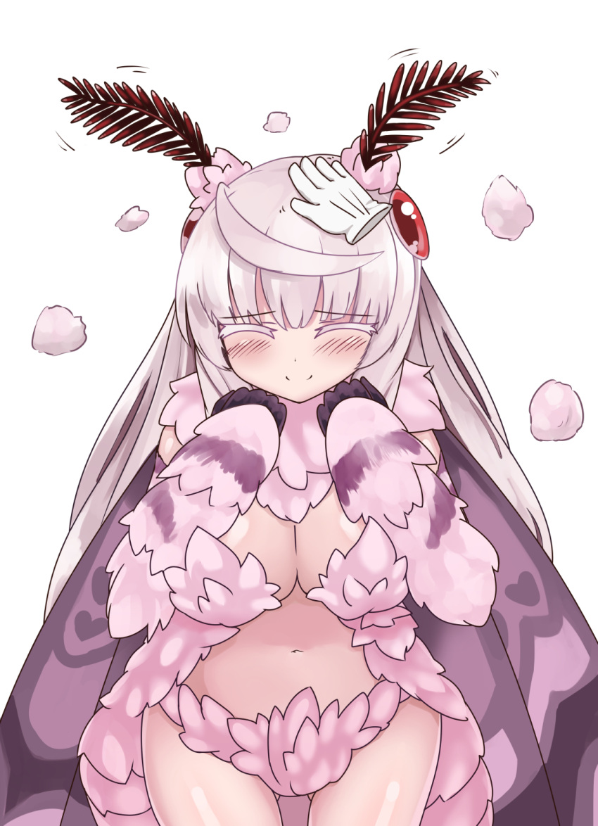 1girl ^_^ ahoge antennae blush breasts cleavage closed_eyes cowboy_shot disembodied_hands disembodied_limb eyebrows fluffy fur happy highres insect_girl insect_wings kaafi large_breasts long_hair monster_girl monster_girl_encyclopedia moth_girl mothman_(monster_girl_encyclopedia) navel petting simple_background smile solo_focus white_background white_hair wings