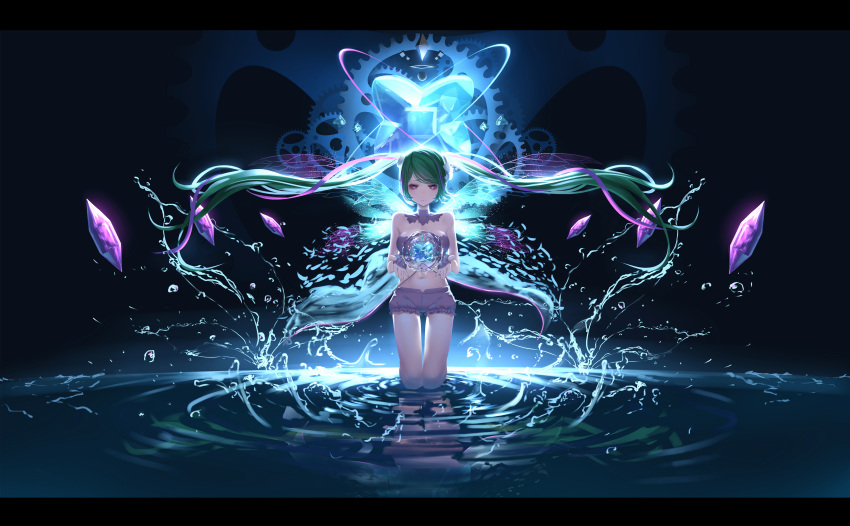 1girl absurdres aqua_hair breasts detached_collar fingerless_gloves gears gloves hatsune_miku highres hk_(hk) kneeling letterboxed long_hair medium_breasts midriff navel red_eyes ripples short_shorts shorts solo twintails vocaloid