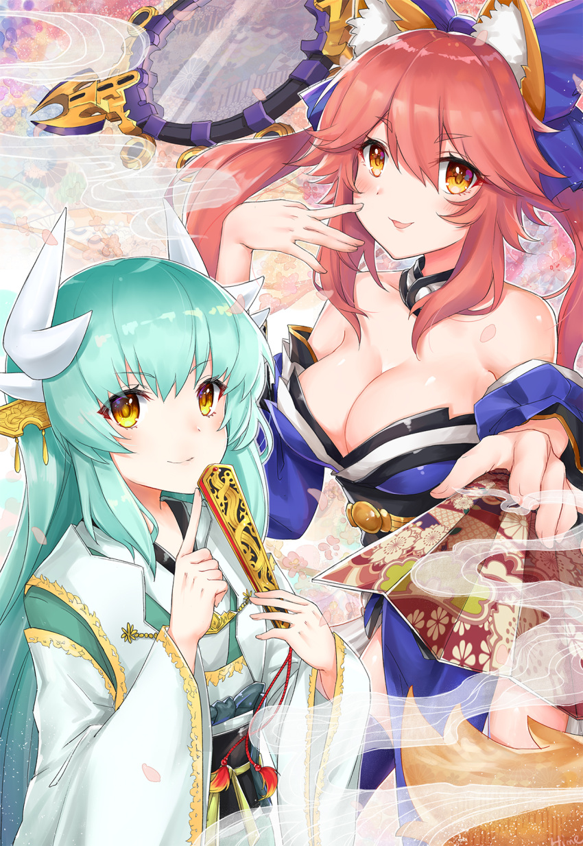 2girls animal_ears blush bow breasts cleavage collarbone detached_sleeves fate/extra fate/grand_order fate_(series) fox_ears fox_tail green_hair hair_bow hair_ribbon highres horns japanese_clothes kimono kiyohime_(fate/grand_order) large_breasts long_hair looking_at_viewer multiple_girls open_mouth pink_hair ribbon tail tamamo_(fate)_(all) tamamo_no_mae_(fate) tokikouhime yellow_eyes