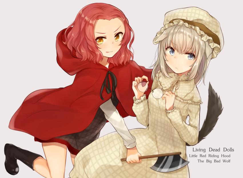 2girls axe bangs big_bad_wolf big_bad_wolf_(cosplay) black_boots blue_eyes boots brown_eyes character_name checkered checkered_dress cloak closed_mouth cosplay dress english fake_tail girls_und_panzer glasses grandmother_(little_red_riding_hood) grandmother_(little_red_riding_hood)_(cosplay) grey_dress hat highres holding holding_axe holding_glasses hood hooded_cloak itsumi_erika koretsuna little_red_riding_hood little_red_riding_hood_(cosplay) little_red_riding_hood_(grimm) long_sleeves looking_at_viewer mob_cap multiple_girls parted_bangs red_cloak redhead rosehip round_glasses short_dress short_hair silver_hair sitting smile tail weapon wolf_tail yellow_dress yellow_hat