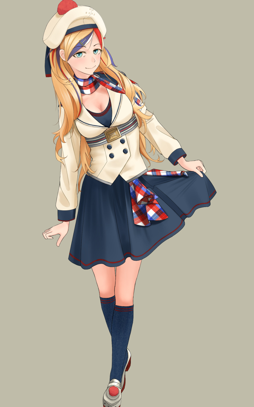1girl beret blonde_hair blue_eyes blue_hair commandant_teste_(kantai_collection) double-breasted dutch_angle facing_viewer full_body grey_background hat highres kantai_collection long_hair looking_at_viewer multicolored_hair plaid plaid_scarf pom_pom_(clothes) redhead scarf smile solo streaked_hair testame white_hair