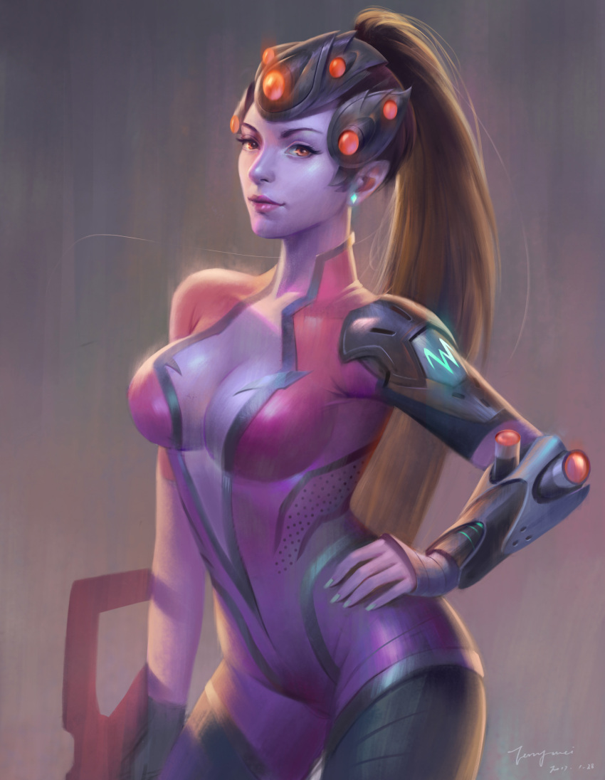 1girl 2017 absurdres black_hair bodysuit breasts cleavage closed_mouth contrapposto cowboy_shot dated eyelashes fingernails gauntlets gun hand_on_hip head_mounted_display highres lips lipstick makeup medium_breasts nail_polish nose overwatch pauldrons ponytail purple_bodysuit purple_hair purple_lips purple_lipstick purple_skin rifle shoulder_pads signature sleeves_past_wrists smile sniper_rifle solo terry_wei turtleneck vambraces visor weapon widowmaker_(overwatch) yellow_eyes