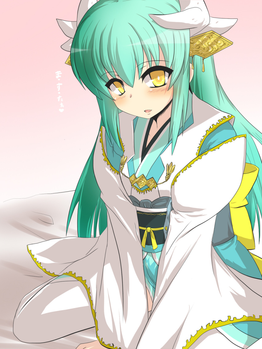1girl aqua_hair between_legs commentary_request fate/grand_order fate_(series) gomasamune hand_between_legs headgear heart highres horns japanese_clothes kimono kiyohime_(fate/grand_order) long_hair long_sleeves looking_at_viewer obi on_bed open_mouth pink_background sash sidelocks sitting sitting_on_bed solo spoken_heart translated wariza white_legwear wide_sleeves yellow_eyes