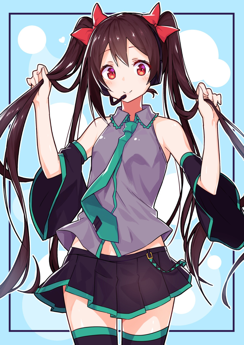 1girl brown_eyes brown_hair cosplay detached_sleeves engawa_(rarenago) hair_tousle hatsune_miku hatsune_miku_(cosplay) headset highres long_hair love_live! love_live!_school_idol_project necktie skirt smile solo thigh-highs twintails very_long_hair vocaloid yazawa_nico