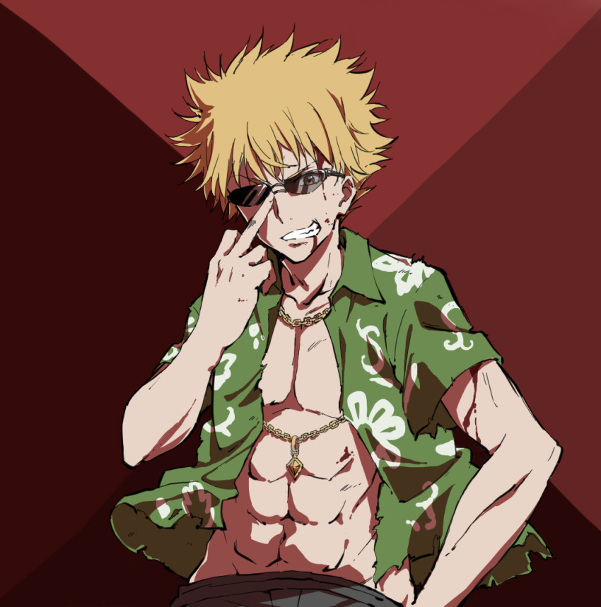 1boy abs blonde_hair blood blood_from_mouth green_skirt grin middle_finger open_clothes open_shirt shirt simple_background skirt smile solo sunglasses to_aru_majutsu_no_index to_aru_majutsu_no_index:_new_testament tsuchimikado_motoharu