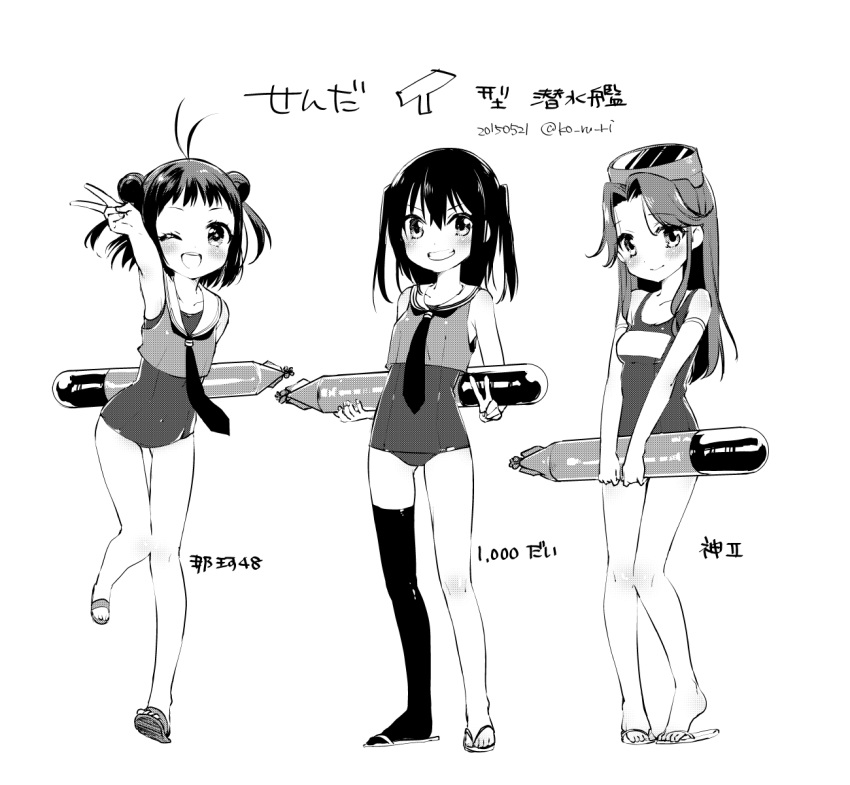 2015 3girls ;d alternate_costume ammunition arm_up artist_name bare_arms bare_legs bare_shoulders breasts cleavage collarbone covered_navel cowboy_shot crop_top double_bun double_v elbow_gloves full_body gloves goggles goggles_on_head greyscale grin highres holding jintsuu_(kantai_collection) kantai_collection ko_ru_ri long_hair looking_at_viewer monochrome multiple_girls naka_(kantai_collection) necktie one_eye_closed open_mouth parted_lips round_teeth running sandals school_swimsuit sendai_(kantai_collection) short_hair short_twintails simple_background single_thighhigh sleeveless small_breasts smile standing swimsuit teeth thigh-highs thigh_gap torpedo translation_request twintails twitter_username v v_arms white_background