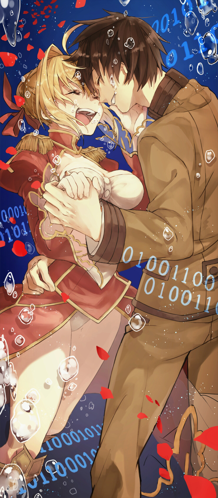 1boy 1girl :d absurdres air_bubble arm_around_waist binary blonde_hair blue_background bow breasts brown_hair bun_(artist) cleavage cleavage_cutout closed_eyes couple dress epaulettes fate/extra fate/grand_order fate_(series) forehead gradient gradient_background grin hair_bow hair_ribbon hand_holding hand_on_another's_cheek hand_on_another's_face hetero highres kishinami_hakuno_(male) open_mouth red_dress ribbon saber_extra school_uniform smile tears