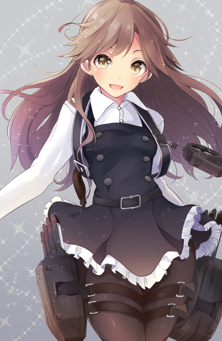 1girl :d arashio_(kantai_collection) belt brown_eyes brown_hair buckle collared_shirt crime_prevention_buzzer dress frilled_dress frills highres kantai_collection long_hair long_sleeves looking_at_viewer machinery open_mouth pantyhose pinafore_dress remodel_(kantai_collection) searchlight shirt smile solo tebi_(tbd11) thigh_strap white_shirt