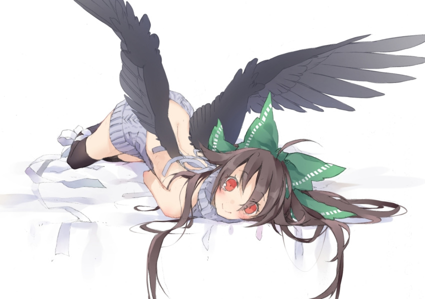 1girl backless_outfit black_hair black_legwear black_wings blush bow dress green_bow hair_bow halterneck long_hair looking_at_viewer lying open-back_dress red_eyes reiuji_utsuho simple_background smile solo sweater sweater_dress thigh-highs touhou toutenkou virgin_killer_sweater white_background white_sweater wings