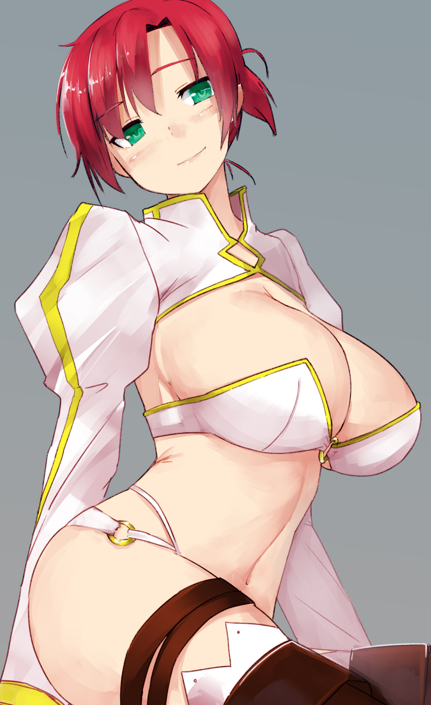 1girl ass bangs blush boudica_(fate/grand_order) bra breasts cleavage closed_mouth commentary_request eyebrows_visible_through_hair fate/grand_order fate_(series) green_eyes grey_background highres juliet_sleeves large_breasts light_smile long_sleeves looking_at_viewer midriff navel o-ring_bottom o-ring_top parted_bangs pen_(pen3) puffy_sleeves redhead short_hair simple_background smile solo thigh-highs thigh_strap thighs tied_hair underwear white_bra