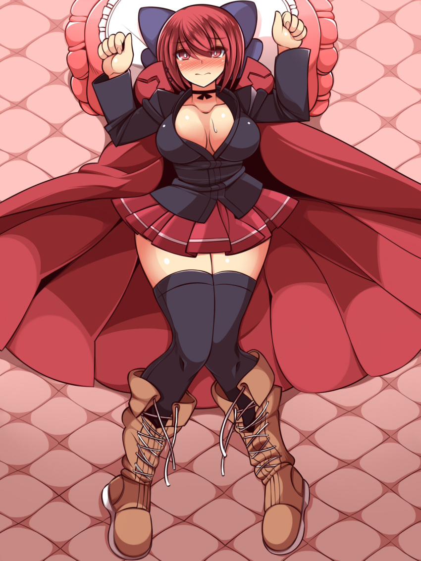 1girl bangs black_legwear black_shirt blue_bow blush boots bow breasts brown_boots cape cleavage closed_mouth collarbone cross-laced_footwear curvy full_body hair_bow highres knees_together_feet_apart lace-up_boots large_breasts long_sleeves looking_at_viewer lying microskirt neck_ribbon nose_blush on_back on_bed pillow pleated_skirt red_eyes red_skirt redhead ribbon sekibanki shirt short_hair skirt solo sweat thigh-highs touhou ueda_katsuhito wide_hips