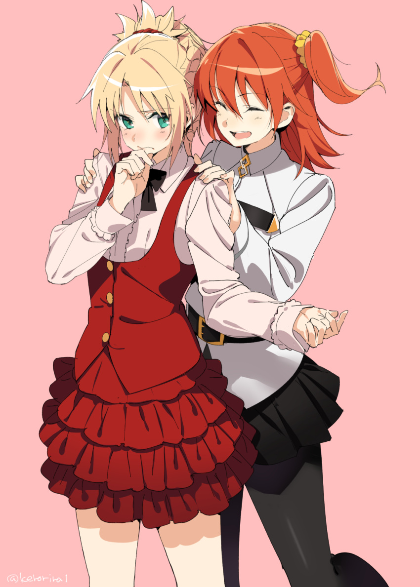 2girls alternate_costume black_skirt blonde_hair blush bow bowtie buckle closed_eyes cowboy_shot dress_shirt fate/grand_order fate_(series) frilled_cuffs fujimaru_ritsuka_(female) green_eyes hair_ornament hair_scrunchie hand_on_own_chin hands_on_another's_shoulders highres kerorira layered_skirt leg_up long_sleeves multiple_girls one_side_up orange_hair pantyhose pink_background ponytail red_skirt red_vest saber_of_red scrunchie shirt simple_background skirt smile twitter_username vest white_shirt