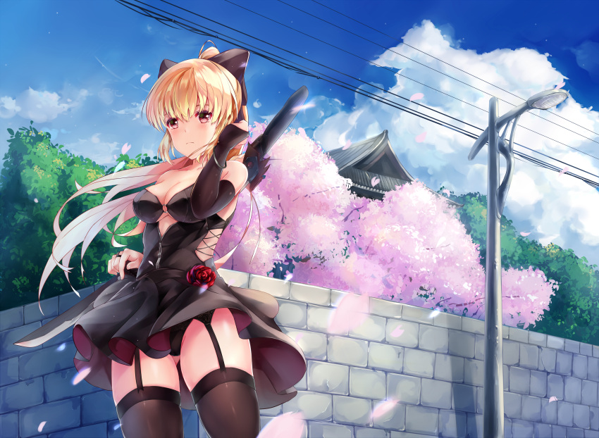 1girl architecture bangs bare_shoulders black_dress black_legwear black_panties blonde_hair blue_sky blush breasts brick_wall bridal_gauntlets cherry_blossoms cleavage closed_mouth clouds cloudy_sky collarbone cowboy_shot cross-laced_clothes day dress east_asian_architecture fingernails floating_hair flower frown garter_straps hair_ribbon hair_tucking highres house jewelry lamppost legs_apart long_hair medium_breasts o-ring original outdoors panties pantyshot pantyshot_(standing) ponytail red_eyes red_rose ribbon ring rose short_dress sidelocks skindentation sky solo standing strapless strapless_dress sword_behind_back under_boob underwear unsheathed upskirt weapon_on_back wind zombie-andy