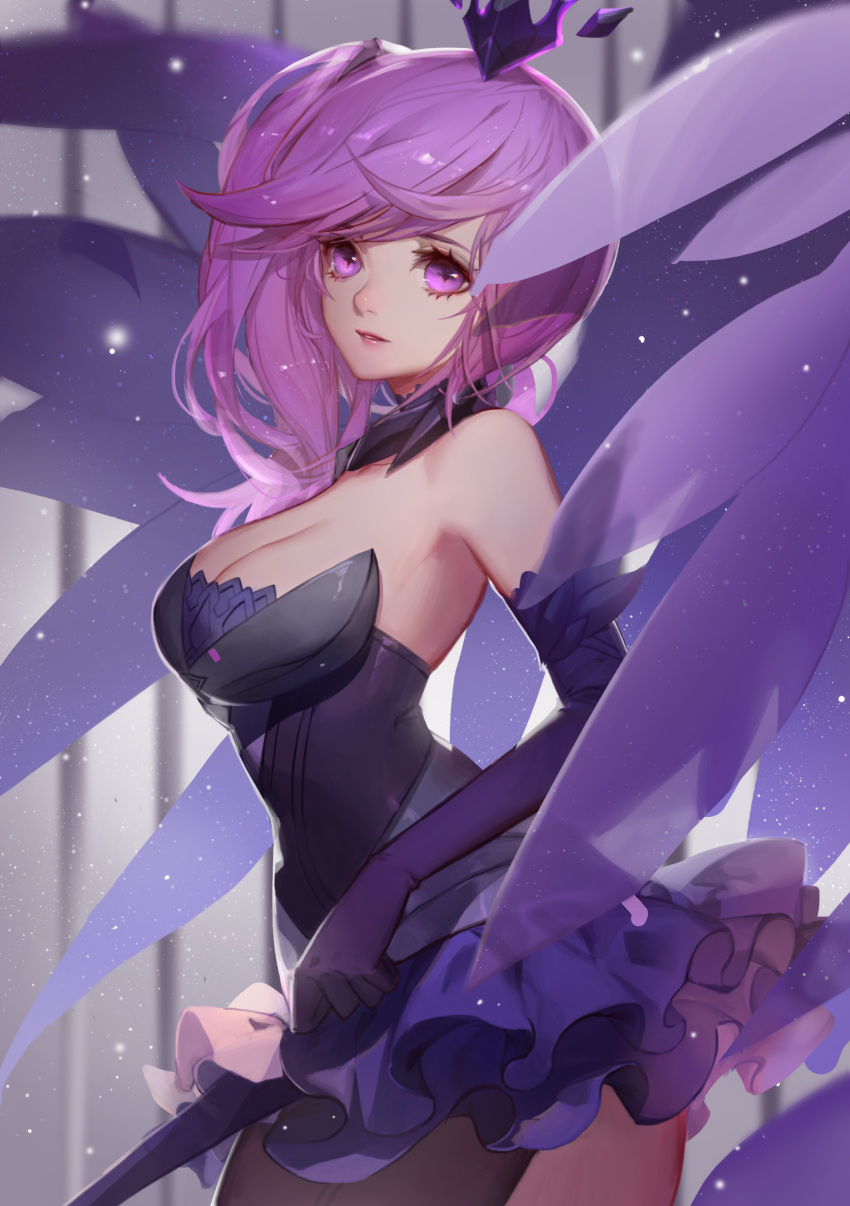 1girl absurdres armpits bangs bare_shoulders black_legwear breasts choker cleavage cowboy_shot crown dress elbow_gloves elementalist_lux from_side gloves highres league_of_legends light_smile long_hair looking_at_viewer looking_to_the_side luxanna_crownguard medium_breasts miniskirt parted_lips patreon pink_eyes purple_dress purple_gloves purple_hair shiny shiny_hair side_ponytail skirt sleeveless sleeveless_dress solo songjikyo sparkle wings