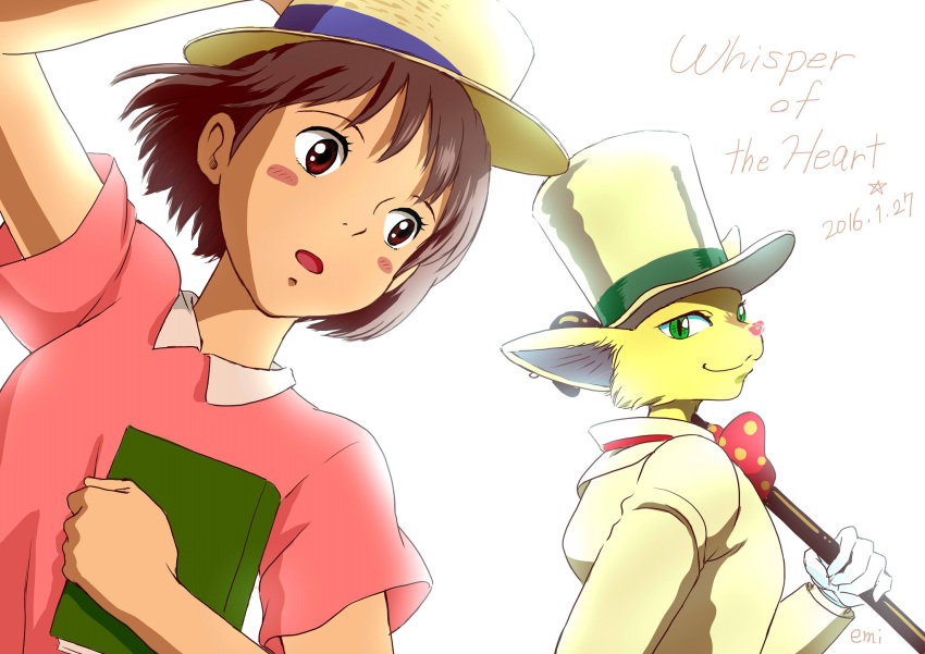 1boy 1girl arm_up backlighting blush_stickers book brown_eyes brown_hair cane copyright_name dated emi_(green_wave) green_eyes hand_on_headwear hat highres holding holding_book looking_to_the_side mimi_wo_sumaseba open_mouth short_hair signature sketch smile straw_hat the_baron top_hat tsukishima_shizuku upper_body
