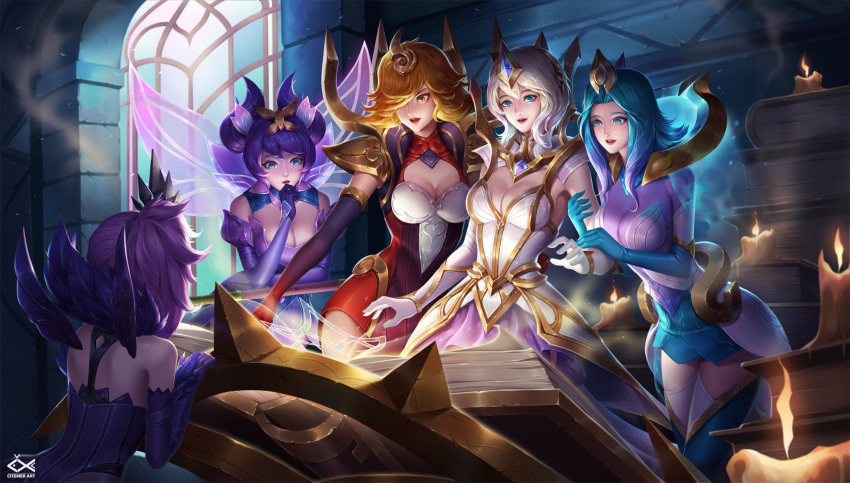 5girls alternate_costume blue_hair book breasts butterfly_wings candle citemer cleavage elbow_gloves elementalist_lux gloves glowing highres league_of_legends luxanna_crownguard magic medium_breasts multicolored_hair multiple_girls multiple_persona orange_hair purple_hair silver_hair skirt thigh-highs two-tone_hair wings zettai_ryouiki